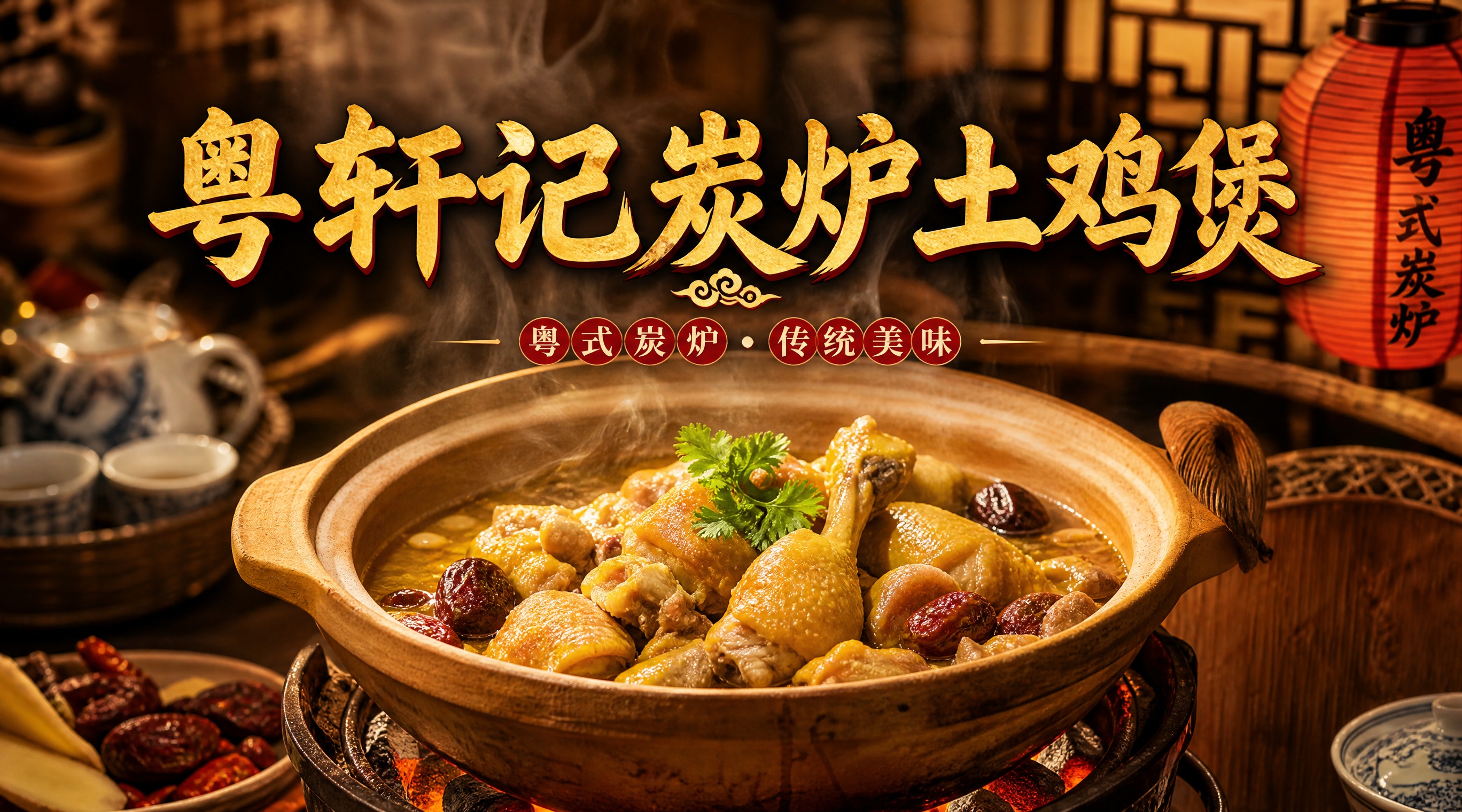 粤式炭炉土鸡煲餐厅店招设计，店名"粤轩记炭炉土鸡煲"大字居中醒… - 图片创意预览