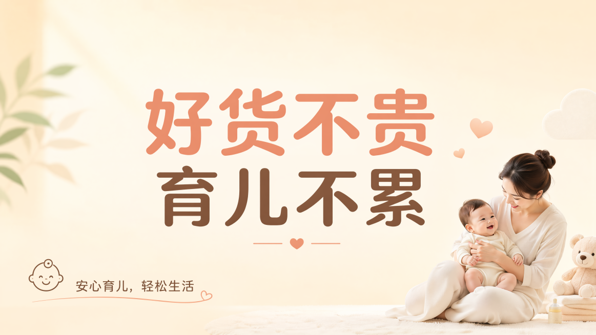 帮我生成一张横版电商图片，尺寸是149.5*0.59米，内容是：好货不贵，育儿不累。要求是横图，类似于早安日签图，背景简单预览效果