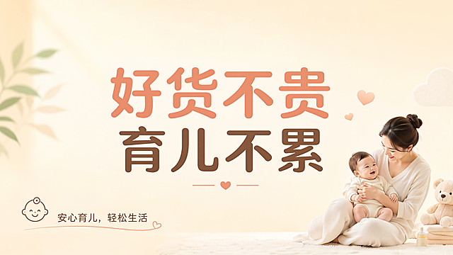 帮我生成一张横版电商图片，尺寸是149.5*0.59米，内容是：好货不贵，育儿不累。要求是横图，类似于早安日签图，背景简单