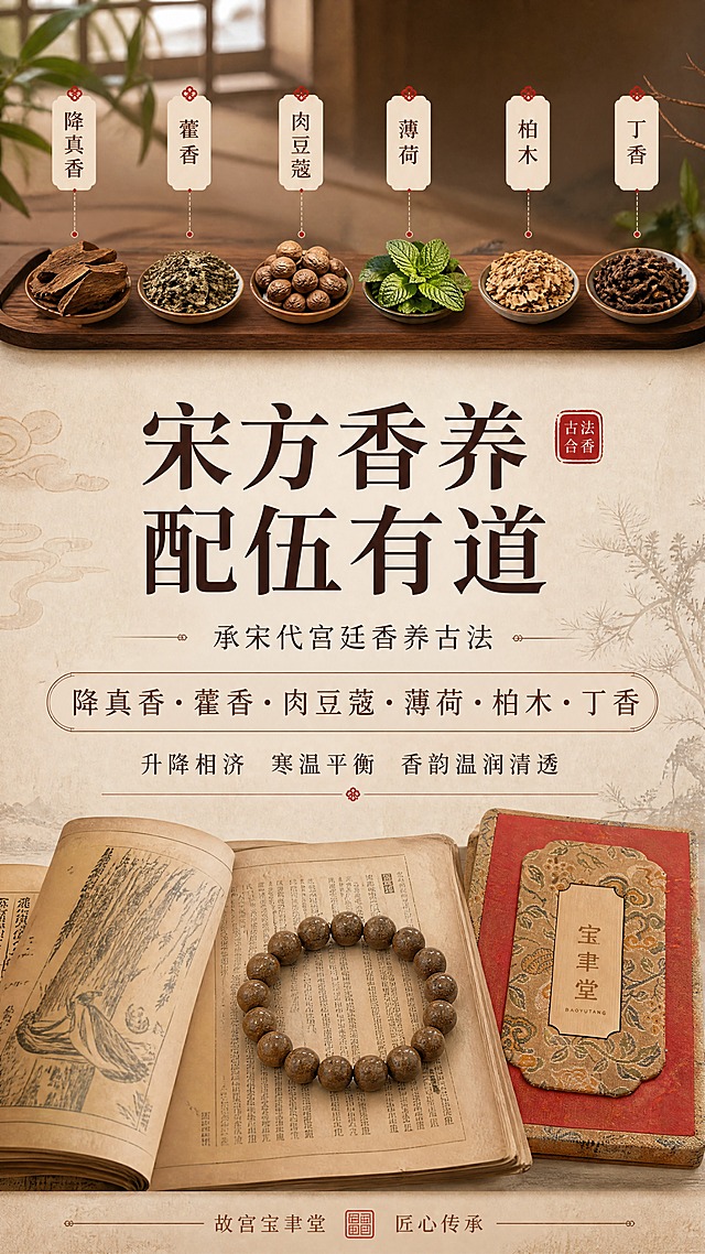 [商品] 使用【图1】降柏逍遥香珠手串；保留棕褐色圆珠形态与合香珠材质；手串缩小置于画面下方作为产品参照。
[画面] 页面目标：香方故事与文化溯源，讲述宋式香养背景与香材配伍。构图：上半部分展示6味香材手绘/实物排列（降真香、藿香、肉豆蔻、薄荷、柏木、丁香），每味香材配名称小标签；下半部分手串横放于古籍书页上；中间留白放主标题与香方介绍文字；主体（香材+手串）占画面65%；阅读动线从上到下。景别：中景拼贴版式。
[视觉] 套系策略：风格=宋式国风禅意商业摄影；标题字=宋体衬线粗体（思源宋体）；正文字=简洁无衬线体（思源黑体）；主色=暖棕木色；背景延展=基于暖棕做深浅层级、米杏色宣纸质感底、同色系渐变；强调色=朱砂红，仅用于小面积印章、引线和标签；标题色=深棕褐；正文色=暖灰棕；组件=米白底圆角信息卡、细棕线引线、朱砂红印章点缀；光影=均匀暖柔光，古籍纸张质感。
[文字] 中上主标题：宋方香养 配伍有道；副标题：承宋代宫廷香养古法；下方香材名：降真香·藿香·肉豆蔻·薄荷·柏木·丁香；再下方说明：升降相济 寒温平衡 香韵温润清透；底部小字：故宫宝聿堂 匠心传承；所有文字横排，不遮挡香材与手串。
[规格] 图片比例9:16竖版，4K分辨率，负向提示：避免变形、错字、文字过小、冷蓝背景、医疗功效承诺、绝对化用语、治疗类表述。