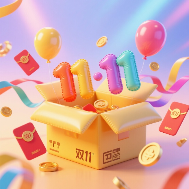一个可爱的黄色快递箱，箱内弹出彩色立体数字 “11·11”。周围环绕红包、写着“双11”的卡片、气球、金币、流动的彩色丝带等元素，背景为明亮的渐变光效预览效果