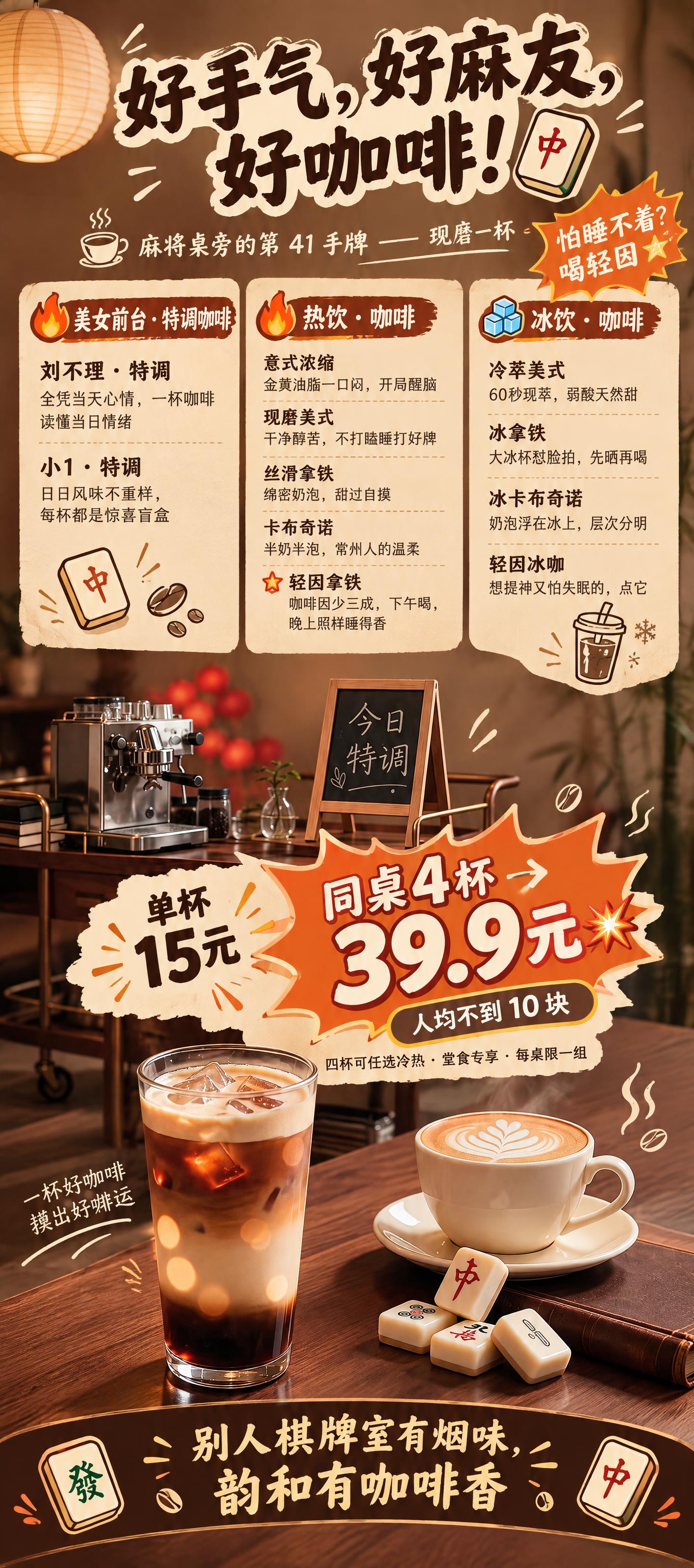 基于这张棋牌室咖啡场景图，添加完整的麻将主题咖啡菜单文字排版，… - 图片创意预览