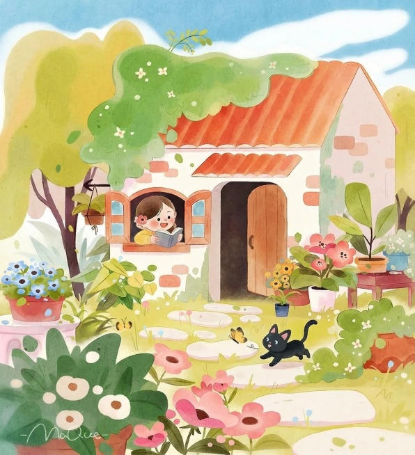 窗户边的小女孩手里拿着书 看着外面小猫追着蝴蝶 门口小女生去掉预览效果