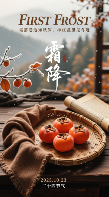 画面主体为复古竹编托盘，旁边搭着棕褐色麻巾，托盘旁放置一卷翻开的古籍书卷，托盘里放着五个橙红柿子；画面顶部用艺术字体呈现英文 “FIRST FROST”，下方小字为 “霜落卷边知秋深，柿红盏里见冬近”预览效果