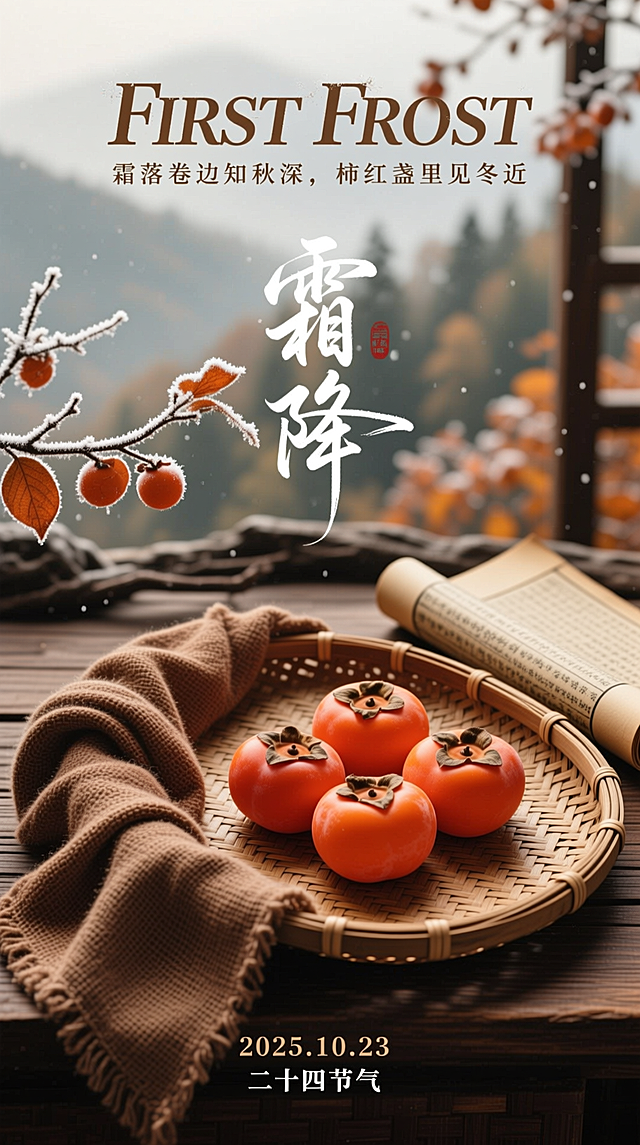 画面主体为复古竹编托盘，旁边搭着棕褐色麻巾，托盘旁放置一卷翻开的古籍书卷，托盘里放着五个橙红柿子；画面顶部用艺术字体呈现英文 “FIRST FROST”，下方小字为 “霜落卷边知秋深，柿红盏里见冬近”；中间是“霜降”艺术字，左侧点缀一枝带霜的柿树枝；底部褐色小字标注 “2025.10.23 二十四节气”；背景是有薄雾的山林远景（秋叶带霜）与深色檀木桌面，整体氛围古朴雅致，色调偏暖棕与霜白。