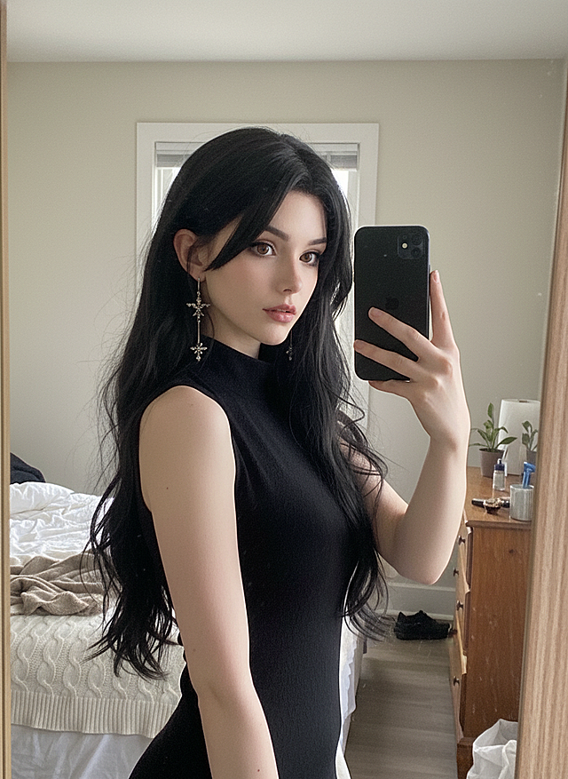 cosplayer真人写实照片，根据该图生成一张现实生活中扮演该角色的写实风格，人物所在的写实场景与原作相对应，人物一只手抬起拿着手机对着镜子正在自拍
