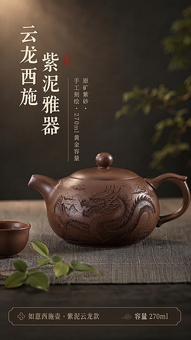[第1张] 详情页头图-如意西施壶紫泥云龙款主视觉海报。本张使用【图1】作为商品主体，保持壶身结构、紫泥棕褐色、云龙雕刻纹饰与原图一致。
[氛围/风格] 新中式禅意茶席风，雅致高级，商业摄影质感，暖调柔光。
[元素布局] 茶壶置于画面中下偏右，占比约60%，放置在深灰色麻布茶席上；背景为深灰渐变虚化，左上角留白放标题；茶席上点缀一小枝绿叶、一只紫砂小杯作为前景装饰；壶身云龙纹清晰可见，壶盖圆珠钮完整。
[光影质感] 左上方45°柔光打亮壶身正面，右侧柔和补光，壶底自然投影，紫砂质感温润有光泽，龙纹雕刻凹凸分明。
[配色色系] 全局底色 #2B2B2B 深灰渐变；主色紫砂棕 #6B4423；辅助色麻布灰 #888888、墨绿点缀 #3D5A45；标题文字米白色 #F5F0E6。
[视角构图] 正面微侧45°视角，产品为视觉中心，阅读动线左上标题 → 中部茶壶 → 底部信息条。
[文字版式] 左上标题区：主标题「云龙西施 紫泥雅器」，副标题「原矿紫砂 · 手工刻绘 · 270ml 黄金容量」，宋体/楷体风格，竖排与横排结合；底部信息条：左侧「如意西施壶 · 紫泥云龙款」，右侧「容量 270ml」；文字不遮挡壶身主体。
[比例分辨率] 9:16 竖版比例，4K 分辨率，文字清晰可辨，高清画质。
[负向提示词] 壶身变形，缺件错件，颜色偏差，水印，文字错乱，产品图模糊，背景杂乱，龙纹走形。