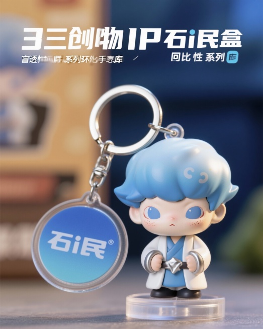 引用图片
参考这个LOGO，做一套文创品牌视觉设计，品牌名称为“石i民"，包括帆布袋、办公用品、杯垫、钥匙扣、保温杯、马克杯等。渐变蓝色视觉主色调，现代、精致、亲切简约商务风格，预览效果
