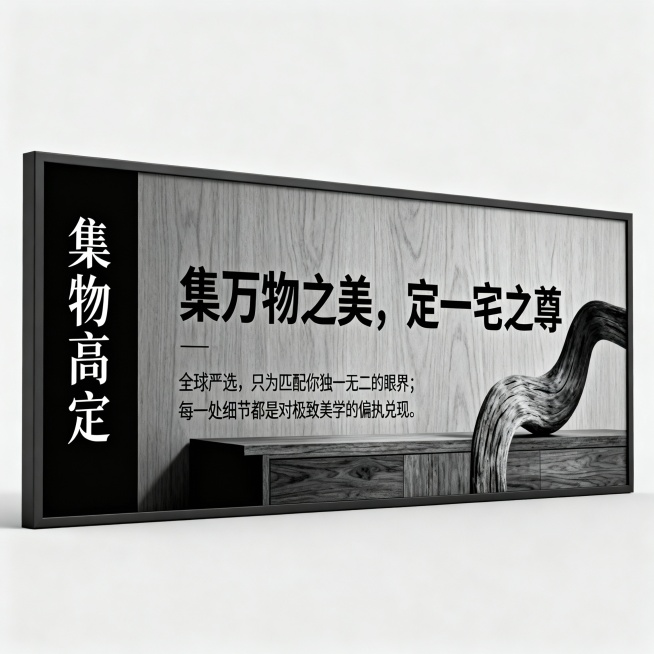 我要设计一块广告牌，大概尺寸高2.9米，宽5.3米，长方形从事全屋定制行业，品牌：集物高定，中高端定位。版面设计要求有艺术/高级感，以黑白灰色为主体色。主体广告语:集万物之美，定一宅之尊，辅助语:全球预览效果
