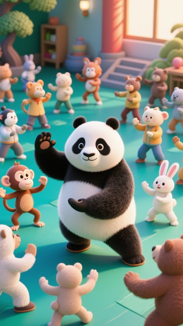 以熊猫老师为主角，和学生们一起打太极，学生们是各种各样的小动物，温馨，活泼，突出老师和同学互动的氛围。远景预览效果
