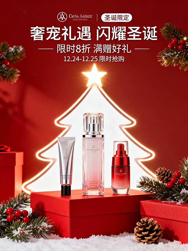 商业产品摄影，化妆品置于红色礼盒台面上；背景是暖光勾勒的白色圣诞树轮廓，树顶有发光五角星；画面点缀圣诞松枝、松果、红色浆果，整体色调为浓郁正红与暖白，圣诞节日氛围浓厚，光影柔和高级，产品质感通透，商业大片质感，8K超清。比例9：16