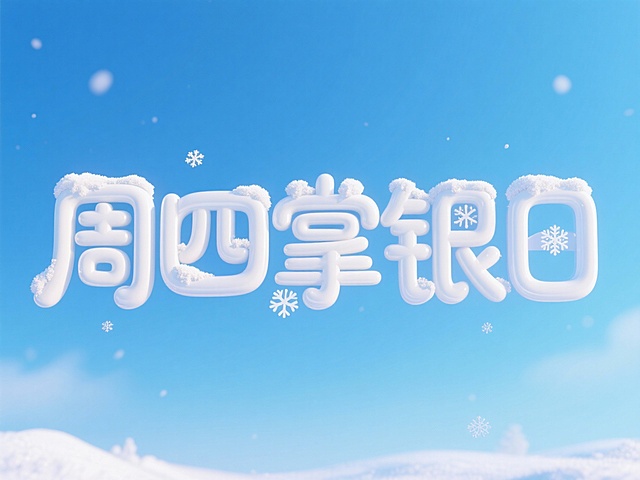 中央呈现白色积雪质感的 “周四掌银日” 排成一排，全正面，字体是全正面，不做倾斜，立体可爱艺术字，点缀雪花元素，蓝色渐变天空为背景 。图片比例是16:9