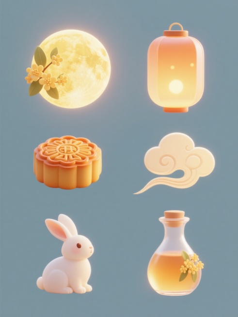 六个规整排布的中秋主题3D渲染元素，整体造型简约现代，采用纯色背景，无任何文字。每个元素均呈现平滑的渐变色彩和柔和的光影效果，主色调为温暖的黄色和橙色，光线从中心向外柔和发散，营造出温馨明亮的氛围。元素包括：带有桂花装饰的中秋圆月，表面有细腻的纹理和光泽感；半透明材质的灯笼，带有轻微的光斑效果，边缘清晰；造型精致的月饼，展现出食物的质感；灵动的玉兔，姿态活泼可爱；飘逸的祥云，线条流畅自然；一壶……预览效果