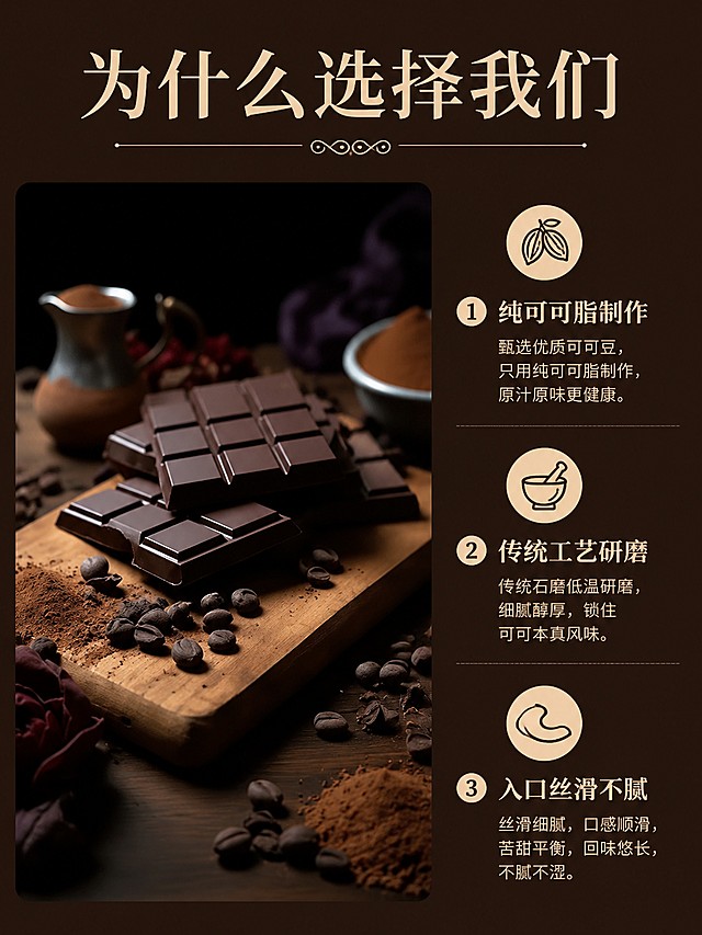 [第5屏] 可可的海巧克力核心卖点拆解屏。本屏使用【图1】作为商品主体。
[氛围/风格] 清晰信息版式，高级简约质感，保持整体美食摄影风格。
[元素布局] 左侧放置产品主体，占比约50%，结构和颜色与输入图片一致；右侧纵向排列三个核心卖点，每个卖点搭配小图标和简短说明；整体布局清晰，信息层次分明。
[光影质感] 均匀布光，产品和文字都清晰可读，明暗过渡自然。
[配色色系] 全局底色 #3C2A21；主体深棕巧克力色，信息区使用浅米底深棕字，延续整套配色。
[视角构图] 左右分栏构图，信息直观。
[文字版式] 顶部大标题「为什么选择我们」，右侧三个卖点分别为：「1 纯可可脂制作」「2 传统工艺研磨」「3 入口丝滑不腻」，字体沿用温润宋体标题+无衬线正文，字色仅深棕和米白，纯色填充，信息排版整齐清晰。
[比例分辨率] 3:4，4K，文字清晰可辨。
[负向提示词] 产品变形，缺件错件，颜色偏差，水印，文字错乱，产品图模糊，文字过小