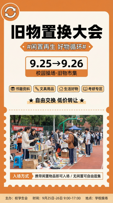 竖版校园活动海报，9:16比例，市集导览入场券设计风格。大体格式参考示例图片：画面上方主视觉区，左上角有一个圆形循环箭头图标代表旧物循环再生。居中是粗体大标题"旧物置换大会"，标题下方是标签式副标题"预览效果