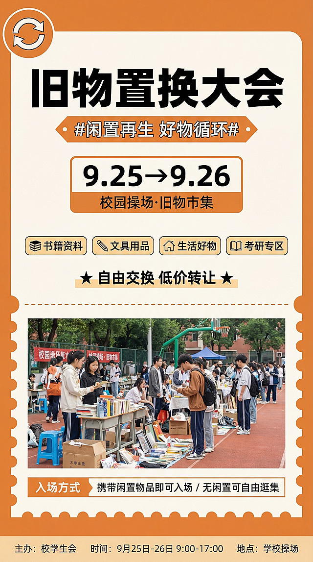 竖版校园活动海报，9:16比例，市集导览入场券设计风格。大体格式参考示例图片：画面上方主视觉区，左上角有一个圆形循环箭头图标代表旧物循环再生。居中是粗体大标题"旧物置换大会"，标题下方是标签式副标题"#闲置再生 好物循环#"。用醒目色块展示日期信息"9.25→9.26"，下方小字写"校园操场·旧物市集"。画面中部是四个并排的图标式摊位标签，分别标注："📚 书籍资料"、"✏️ 文具用品"、"🏠 生活好物"、"📖 考研专区"。四个标签下方有一行活动亮点文字"★ 自由交换 低价转让 ★"。画面下半部分是一张实景照片，内容为操场市集上摆满旧物的摊位和挑选物品的学生，照片边缘有入场券齿孔裁剪效果。照片下方是入场信息区，左半部分写"入场方式"，右半部分写具体内容："携带闲置物品即可入场 / 无闲置可自由逛集"。底部是信息条，写"主办：校学生会"、"时间：9月25日-26日 9:00-17:00"、"地点：学校操场"。整体色调为暖橙色搭配米白色，风格活泼热闹，像一张限时市集的入场邀请券。保持文案清晰完整可读。