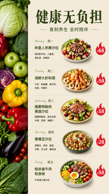 竖版餐饮菜单海报，左侧整栏是新鲜生鲜蔬菜实景拼接边框，包含卷心菜、青苹果、彩椒、红椒、茄子等各色果蔬，右侧是米杏色纯色正文底色。顶部大字标题"健康无负担"，下方小字"食刻养生 全时陪伴"。右侧分5行排预览效果