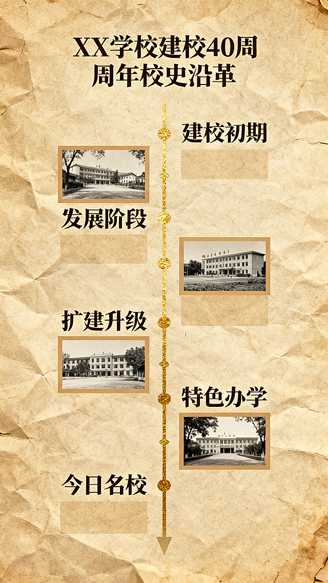 XX学校建校40周年H5校史沿革页面，竖向时间轴设计，分五个节点展示：建校初期、发展阶段、扩建升级、特色办学、今日名校，复古牛皮纸背景，金色时间轴线条，搭配老照片位置区域，复古怀旧简约国风，竖屏设计