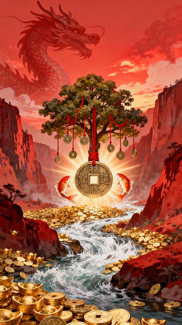 插画风格，史诗般的场景，一条由无数金币和金元宝汇成的巨大河流在红色峡谷中奔腾流淌，天空中祥龙身影在红色霞光中若隐若现，龙鳞反射金光，河中央生长着一棵挂满红绳和铜钱的巨大发财树，光芒四射，两条锦鲤围绕铜钱游动，红色背景，梦幻氛围，简单干净，低饱和度，画面壮观，充满神话色彩