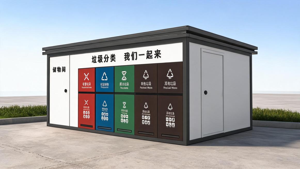 根据图1正面平面图和图2右侧面平面图，生成垃圾分类房的三维效果图，垃圾房正面有两排分类垃圾桶，从左到右依次为有害垃圾、可回收物、厨余垃圾、其他垃圾、其他垃圾，左侧带有储物间门，上方有文字“垃圾分类 我预览效果