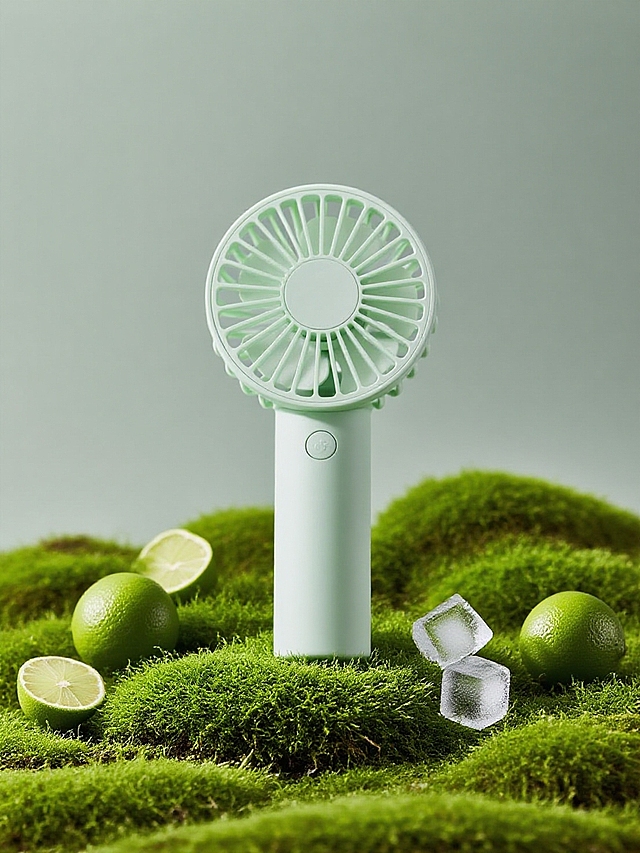 商业静物摄影。主体放在错落的青苔上，旁边散落几个切开的小青柠和冰块点缀，灰绿色背景。简约高级的商业打光。