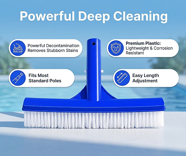 核心卖点展示图：产品居中放置，突出清洁力卖点，主标题为 "Powerful Deep Cleaning",周围环绕四个卖点胶囊标签，分别是"Powerful Decontamination Removes Stubborn Stains","Premium Plastic: Lightweight & Corrosion Resistant","Fits Most Standard Poles","Easy Length Adjustment",每个卖点配简约清洁相关图标，背景为干净浅蓝色渐变户外泳池场景，光影自然，文字清晰不遮挡产品主体，产品外观和原图保持一致，亚马逊跨境电商风格，全英文