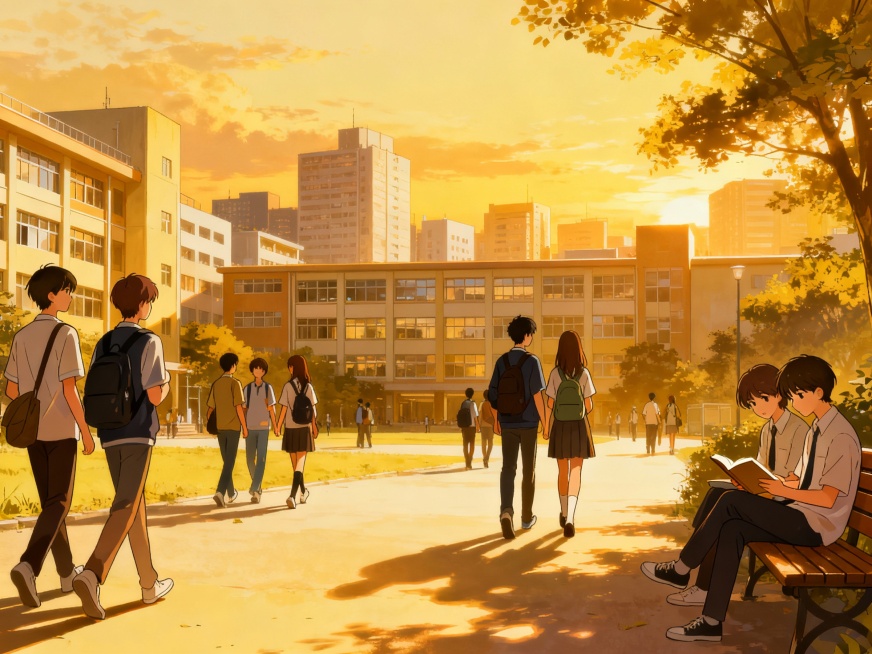 校园黄昏，插画动漫风格，黄昏光影、城市建筑、生活气息。画面温馨，有人物预览效果