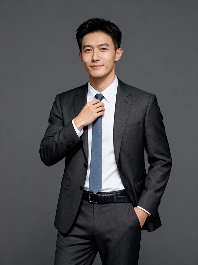 商务专业深灰色西装手扶领带职业形象照