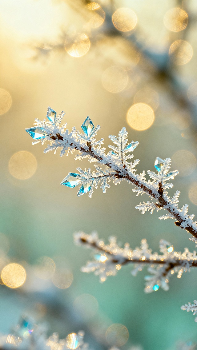 一张极致柔焦的冬季特写，画面主体为覆盖着细腻冰晶霜花的纤细树枝，霜花在柔和光线下呈现出半透明的蓝白色调，边缘闪烁着微小的钻石般高光；背景是梦幻般的暖金色与淡青色散景光斑，营造出温暖而宁静的氛围；采用浅景深构图，突出前景霜枝的精致纹理与通透质感，整体风格如诗如画，充满冬日静谧与温柔的治愈感，光线柔和弥散，色彩和谐统一，带有轻微的胶片颗粒感，视觉焦点集中于霜花细节，留白充足，构图平衡优雅。