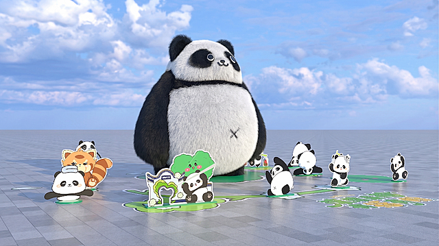 将主体毛绒熊猫的毛发处理得更自然顺畅，保留整体画面结构和其他元素不变