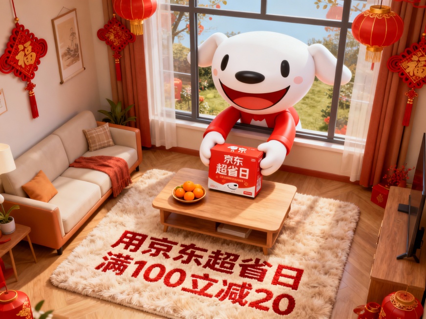 3d卡通风格，客厅景观。Q版巨大京东小哥（形象软萌）从窗户外探身进来，双手把图中主体放在客厅桌上（桌面摆放橘子、果盘），客厅装饰中国结、灯笼元素，暖色调喜庆氛围，画面底部毛绒地毯上绣着“用京东超省日”预览效果