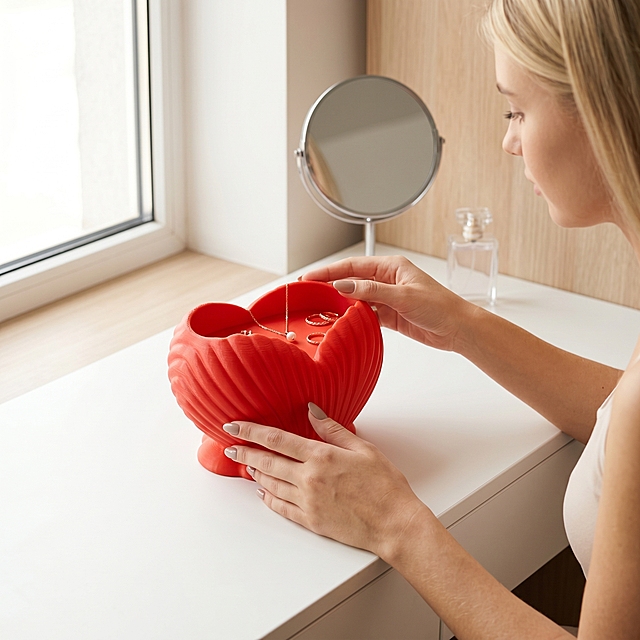 [Main Image 1] Heart Shaped Red Shell Storage Box lifestyle scene with female model.
[Atmosphere Style] Nordic minimalistic style, natural warm home atmosphere, matches European and American aesthetic.
[Quality] Professional commercial photography, soft natural daylight, super clear product details, clean and premium picture quality.
[Elements] A young blonde woman placing the bright red heart shell storage box on a white vanity desk. The storage box stores small jewelry accessories inside. Product maintains the original heart-shell shape, vertical rib texture and bright red color from the reference image. No distortion or color change, fine processing. Product occupies 70% of the frame, full screen no border. A small mirror and perfume bottle in background are softly blurred.
[Light and Shadow] Soft natural window light from left side, creates gentle highlights on the rib texture, soft shadow at base, natural three-dimensional effect.
[Color Matching] Main product color: vibrant red; background colors: soft white, light wood tone, low saturation to highlight product.
[Perspective Composition] 30-degree elevation view, model's hand interacting with product, moderate depth of field, focus on the storage box.
[Text Layout] No marketing text allowed, comply with cross-border platform rules.
[Proportion Resolution] 1:1 ratio, 2048px resolution, ultra HD.
[Negative Prompt] Deformed product, color distortion, cluttered background, Chinese characters, extra logo, blurry product, watermark.