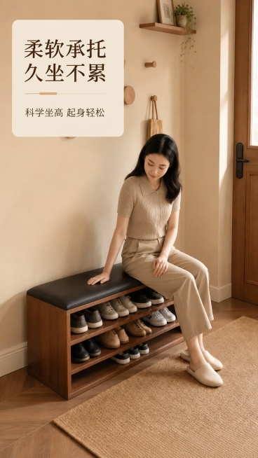 [第6屏] 坐感体验展示，模特真实坐姿体验。本屏使用【图1】作为主体展示。
[氛围/风格] 沉浸式体验，自然温馨生活氛围，暖光实拍质感。
[元素布局] 模特自然坐在换鞋凳上，手放在软包表面，展示换鞋凳预览效果