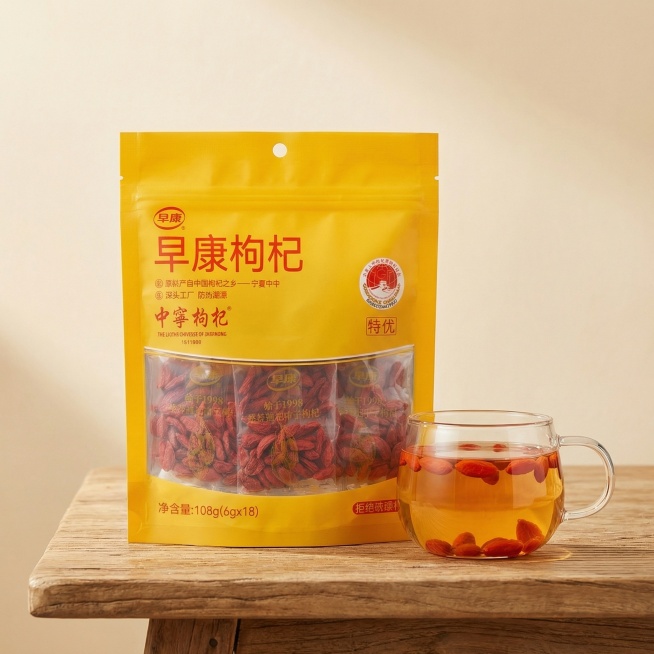 将早康枸杞包装袋放置在原木色桌面上，背景布置简约温馨的浅米色墙面，搭配一小杯泡好的枸杞茶作为点缀，画面清晰通透，突出产品质感，打造高点击率高转化率的电商主图预览效果
