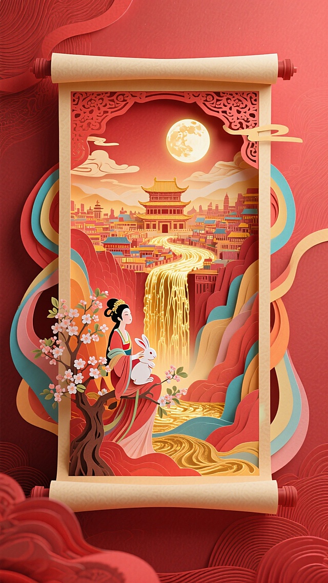 红色为主色调。红色暗纹渐变背景，画面主体是华丽精致的立体卷轴展开的效果，卷轴内是嫦娥抱着兔子坐在桂花树上看着中景，中景是古城宫殿，各种各样的彩纸环绕古城，远景是月光如金色的瀑布从圆月上倾泻到底部的全景大地上，画面带有发光效果，整体画面充斥着华丽的金色和喜庆的红色，奇幻色彩和光影变化，具有丰富的层次感和立体感，体现繁荣昌盛喜庆氛围，梦幻的大透视繁荣的城镇，画面整体喜庆华丽，整体氛围呈现喜庆的暖色调