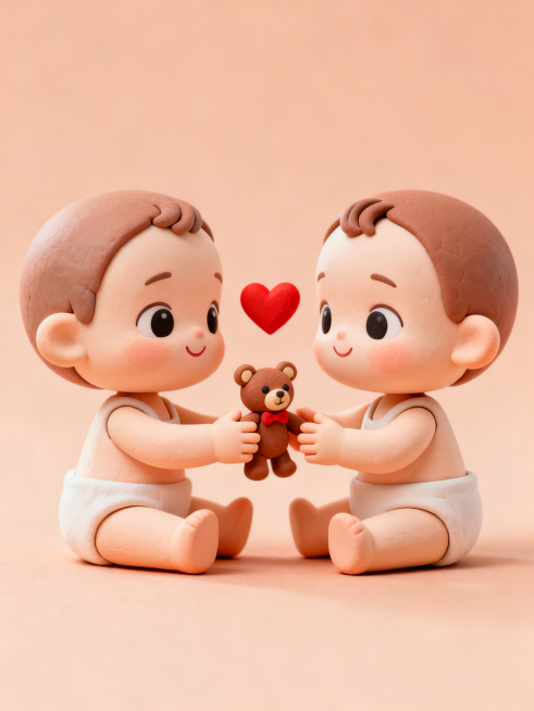 Two adorable chibi babies interacting, one baby is giving a small toy bear to the other baby, hands预览效果
