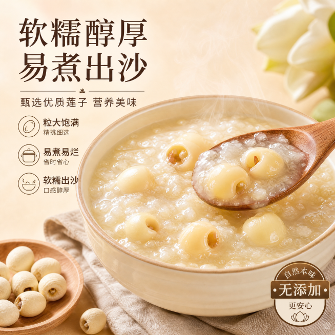 生成第三张淘宝天猫1:1正方形莲子商品主图，治愈系电商食品风，干净有食欲，展示一碗炖煮好的粉糯莲子粥，突出易煮出沙 软糯醇厚的产品卖点，浅暖米黄色背景，温暖暖光氛围，让人流口水，治愈清新风格，商业食品预览效果