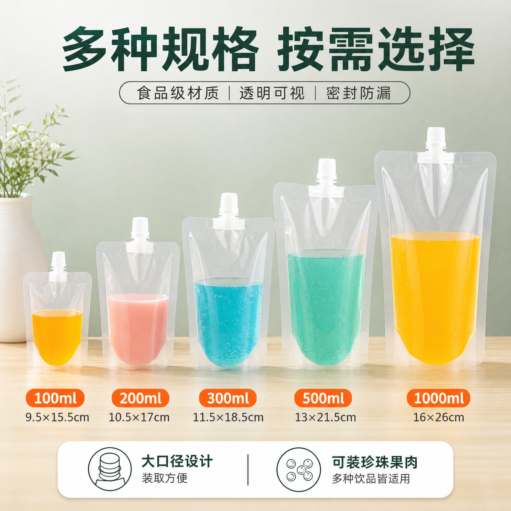 [主图-6] 透明自立吸嘴袋 规格尺寸 多容量规格展示。 [统… - 图片创意预览