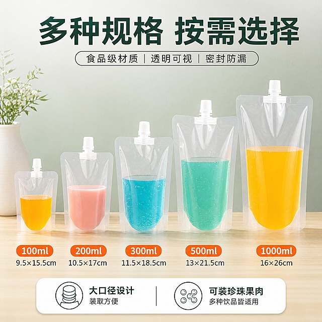 [主图-6] 透明自立吸嘴袋 规格尺寸 多容量规格展示。
[统一基调] 淘宝天猫专业品质风格，洁净通透，明亮自然光，高亮通透，清爽秩序感，实用主义。背景主色浅米白+浅木色，标题字色深墨绿，辅助字色深灰，强调色橙红，字体为无衬线粗体，字号层级分明，卡片圆角轻阴影样式。
[画面] 画面展示5只不同容量大小的透明自立吸嘴袋，从左到右由小到大整齐排列在浅木色台面上，形成阶梯状展示。每只袋子都装有不同颜色的液体（橙、粉、蓝、绿、黄），白色旋盖，自立底部平稳站立。袋子旁边标注容量规格（如100ml、200ml、300ml、500ml、1000ml等示意）。背景为浅灰绿色渐变，简洁干净。产品外观、形状、直径、透视角度、颜色与输入图完全一致，按比例缩放展示不同容量，禁止变形、禁止改变体直径比例、禁止改变形状、禁止改变透视角度、禁止重新绘制产品、禁止新增产品、禁止减少产品、禁止改变产品颜色。
[光影质感] 商业摄影质感，正面柔和布光，透明袋身通透有光泽，液体颜色鲜艳真实，台面有柔和投影。
[配色] 背景浅灰绿渐变，深墨绿标题，深灰辅助文字，橙红强调色，整体清新专业。
[文字版式] 顶部大标题「多种规格 按需选择」，底部标注「大口径设计 装取方便 可装珍珠果肉」，每个袋子下方对应标注容量数值，清晰易读。
[输出要求] 1:1比例，2048x2048像素，文字清晰可读，产品清晰完整，无变形，无错字，无水印，无平台Logo。禁止产品变形，禁止改变体直径，禁止改变形状，禁止改变透视角度，禁止重新绘制产品，禁止新增产品，禁止减少产品，禁止改变产品颜色。