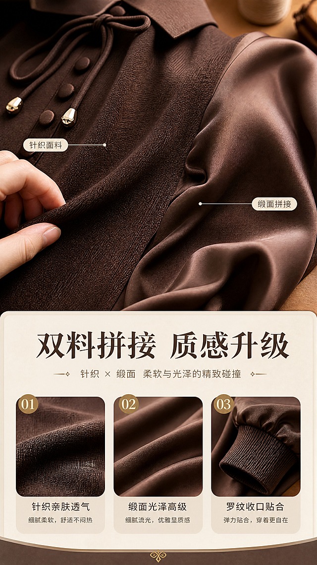 [商品] 使用【图1】咖啡色Polo领系带针织拼接上衣；商品处理：保留针织衣身纹理、缎面袖光泽、纽扣、缝线、罗纹袖口；放大展示面料细节；自然去皱，增强材质对比质感，不改变结构。
[画面] 目标：面料工艺细节页，展示针织+缎面双材质质感；构图：上下分栏，上方主图为面料微距特写拼接，下方文字说明；景别：面料微距+局部特写；阅读动线：从上到下；前中后景：前景面料纹理特写，中景手部轻触面料，后景暖调桌面与布料道具。
[视觉] 套系策略：风格=法式轻熟通勤高级商业摄影；标题字=优雅衬线粗体；正文字=简洁无衬线体；主色=深咖棕；背景延展=基于暖棕咖做深浅层级、同色渐变和细腻纸张/织物质感；强调色=米金色，仅用于小面积图标、引线和标签装饰；标题色=深咖棕；正文色=暖灰棕；组件=圆角浅底信息卡、细线引线；光影=柔和顶侧光，突出面料质感。
[文字] 主标题「双料拼接 质感升级」，3个面料卖点：「针织亲肤透气、缎面光泽高级、罗纹收口贴合；文字位于画面下方和侧边，横排排版。
[规格] 图片比例9:16竖版，4K分辨率，避免变形、错字、文字过小、冷蓝背景、材质失真、极限词。
