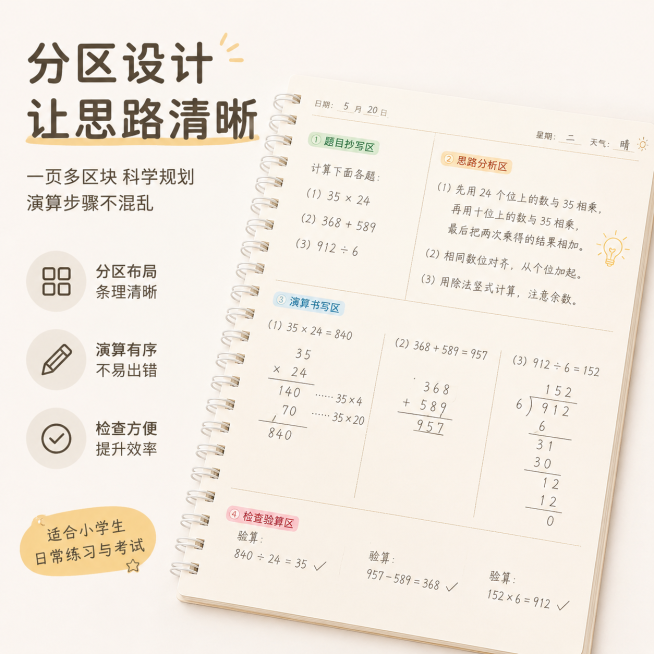小学生分区草稿本电商主图，简约ins风，展示分区演算书写页面，突出分区设计让思路清晰的卖点，米黄色纸张预览效果