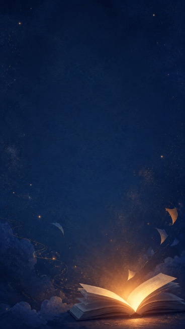 竖版教育课程海报背景，深蓝夜空与柔和暖色阅读光结合，加入打开的书本光影、轻微纸张纹理、星点、抽象故事路径线条、橙金色微光，体现英文小说精读、故事阅读、人物分析和文学讨论，整体安静、温暖、专业，有阅读沉预览效果