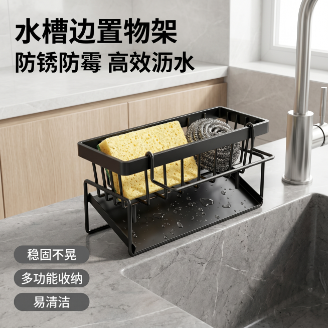 [主图-1] 水槽边多功能洁具架真实厨房场景首图
[氛围风格] 高质感现代简约风，整洁专业
[画质] 商业摄影质感，光线柔和通透，产品清晰真实，画面干净高级
[元素] 黑色多功能洁具架放置在灰色岩板厨预览效果