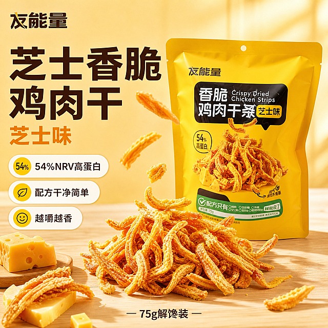 [主图4] 友能量香脆鸡肉干条芝士味 电商主图，爆款促销感路线，突出芝士风味与高蛋白大包装。
[统一基调] 食品商业摄影质感，自然暖阳逆光，暖黄色背景搭配浅木色台面，主标题深棕色粗黑体，强调色用芝士黄，整体温馨有食欲。
[画面] 产品包装袋居中偏右，占画面55%，保持包装外观与输入图一致：金黄色袋身、友能量品牌Logo、香脆鸡肉干条芝士味大字、54%高蛋白标识、配方只有标识、75g净含量。包装袋前方倒出一堆真实金黄色鸡肉干条，根根分明酥脆，表面有芝士粉颗粒，堆叠成小山状，部分干条悬浮半空带动态掉落感。左下角放芝士块和鸡肉干条组合特写，展示微距纹理。背景为暖黄色渐变，底部有浅木色台面承托，柔和自然光从右上方斜射。
[光影质感] 自然暖阳逆光勾勒鸡肉干条边缘金黄光泽，主光从右前方45度照射，包装袋正面清晰，底部有柔和接触阴影，鸡肉干条表面酥脆纹理清晰，景深适中背景虚化。
[配色] 主色金黄+暖棕，辅助色芝士橙，强调色奶白，整体暖黄色调温馨诱人。
[文字版式] 左上角放友能量品牌Logo（与包装一致）。左侧上方主标题两行：第一行"芝士香脆鸡肉干"深棕色粗黑体超大字，第二行"芝士味"橙黄色稍小粗体。主标题下方三个卖点胶囊："54%NRV高蛋白"、"配方干净简单"、"越嚼越香"，每个胶囊为圆角白底深棕字配黄色小图标。底部中间放"75g解馋装"小字标注。文字不遮挡产品主体。
[输出要求] 比例1:1，2K高清，文字清晰可读，产品包装完整不变形，鸡肉干条真实诱人。禁止出现正品保证、破碎包赔等字样，禁止水印、错字、模糊、杂乱背景。