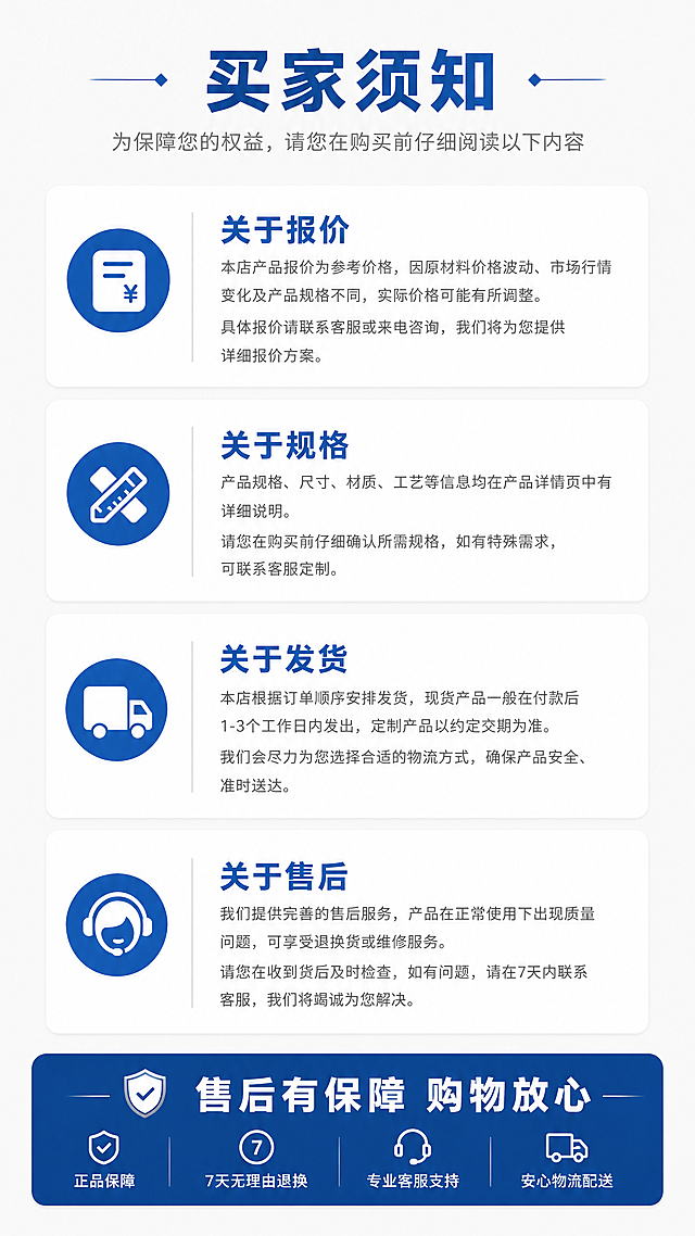 [第10屏] 买家须知与售后保障页。延续整体风格，遵循参考图1版式。
[氛围/风格] 清晰说明页，浅灰白色背景，稳重正式。
[元素布局] 顶部大标题，下方分区块展示不同须知项目，每个项目加粗标题加正文说明，行间距充足，阅读轻松。底部蓝色区域展示售后承诺。
[光影质感] 整体光线均匀柔和，文字背景对比清晰，保证可读性。
[配色色系] 背景 #f5f5f5，标题蓝色 #1668cb，正文深灰色，底部售后区域深蓝色，白色文字，保持整套配色统一。
[视角构图] 竖版从上到下分段排版，每个须知项目分段清晰，符合移动端上下滑动阅读。
[文字版式] 顶部标题 "买家须知"，蓝色加粗居中；分项目：关于报价、关于规格、关于发货、关于售后，每个项目加粗标题，正文小号清晰说明，文字不拥挤；底部区域总结售后承诺："售后有保障 购物放心"，白色文字居中。所有文字清晰可在手机端阅读。
[比例分辨率] 9:16 竖版，4K分辨率。
[负向提示词] 文字重叠，模糊不清，排版错乱，违规用词。
