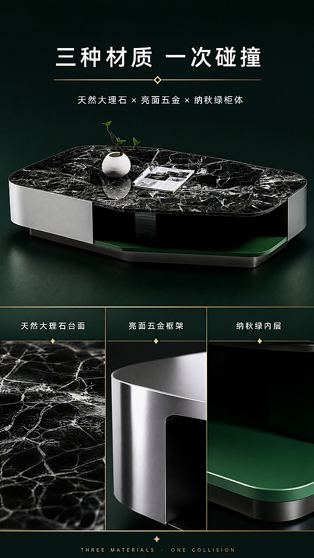 [第2张] 详情页设计美学页-纳秋绿天然大理石异形茶几材质碰撞叙事。本张使用【图1】作为商品主体，保持产品外观一致。
[氛围/风格] 现代设计叙事风，高级杂志感，材质拼贴美学，商业摄影质感。
[元素布局] 画面采用上下分区，上半区为茶几45°全貌，占比约45%，置于深墨绿色背景前；下半区为三材质拼贴展示：左侧天然大理石纹理特写、中间银色五金金属面特写、右侧纳秋绿柜体漆面特写，三格并排；每格下方配材质名称标签；茶几轮廓、结构、颜色与输入图一致。
[光影质感] 顶光+侧光结合，突出大理石纹理的通透感、五金的金属反光、纳秋绿漆面的细腻质感，阴影柔和有层次。
[配色色系] 全局底色深墨绿#16302B；主色黑色大理石纹+银色五金+纳秋绿#1A4D3E；辅助色米白文字、金色细线条装饰。
[视角构图] 上半区微俯视，下半区平视特写拼贴；阅读动线顶部标题→中部茶几→底部三材质格。
[文字版式] 顶部居中主标题「三种材质 一次碰撞」，副标题「天然大理石×亮面五金×纳秋绿柜体」；下半区三格材质图上方分别标注「天然大理石台面」「亮面五金框架」「纳秋绿内层」；文字为无衬线字体，白色为主，金色点缀，清晰可读。
[比例分辨率] 9:16竖版比例，4K分辨率，文字清晰可辨，高清画质。
[负向提示词] 茶几变形，材质纹理错乱，颜色偏差，水印，文字错乱，文字过小，产品图模糊，拼接错位。