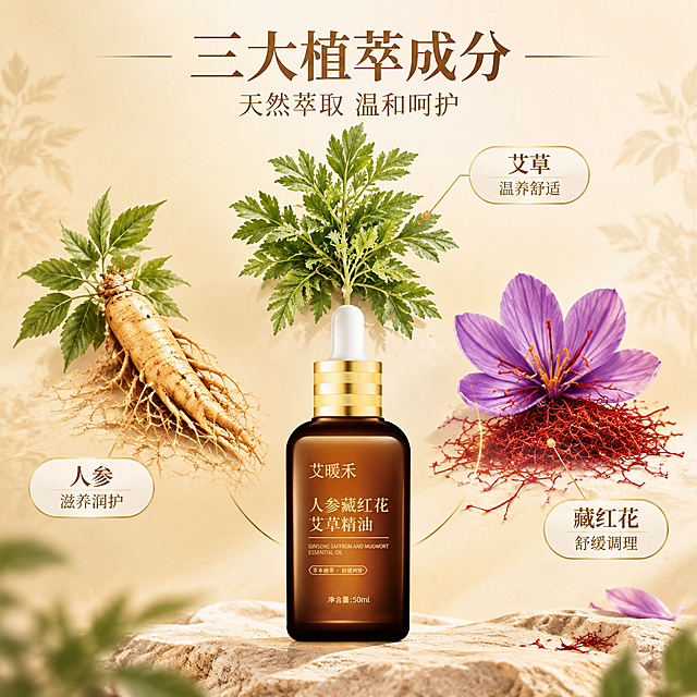 [主图-2] 核心成分解析，展示人参、藏红花、艾草三大核心植萃成分，强化天然草本背书。
[统一基调] 整体风格为植萃天然温润质感，背景主色为暖香槟金渐变到米白色，标题字色为深棕金色，辅助字色为暖褐色，强调色为藏红花紫红色，字体选用干净优雅的细衬线体，卡片和图标用细金线描边，整体传递专业靠谱的淘宝天猫品质感。
[画面] 产品瓶身位于画面下方居中，占画面约35%。瓶身上方环绕三大核心成分原料：左上方是完整的人参根须带少量叶片，右上方是盛开的藏红花花朵与散落的花丝，正上方是新鲜艾草枝叶。三种成分通过金色细引线连接到瓶身，每条引线末端标注成分名称与对应功效小标签。背景为浅米色带轻微植物纹理，整体干净通透，突出成分的天然真实感。
[光影质感] 超写实商业摄影质感，自然柔光从上方均匀打下，成分原料有真实的体积感和纹理细节，人参的纹路、藏红花的花瓣纹理、艾草的叶片脉络都清晰可见，产品瓶身保持原有光影质感，与成分元素自然融合。
[配色] 主色暖香槟金+米白，人参土黄色、藏红花紫红色、艾草翠绿色作为成分点缀色，标题深棕金色，引线和标签为细金色。
[文字版式] 画面顶部居中大标题「三大植萃成分」，下方小字「天然萃取 温和呵护」。三个成分旁分别有小标签「人参 滋养润护」「藏红花 舒缓调理」「艾草 温养舒适」，标签为白底金线圆角矩形，文字清晰。字体统一细衬线体，层级分明。
[输出要求] 1:1正方形2048px，产品外观与输入图完全一致，成分真实自然，文字清晰可读，无变形错字，无杂乱元素，无水印，无平台Logo。