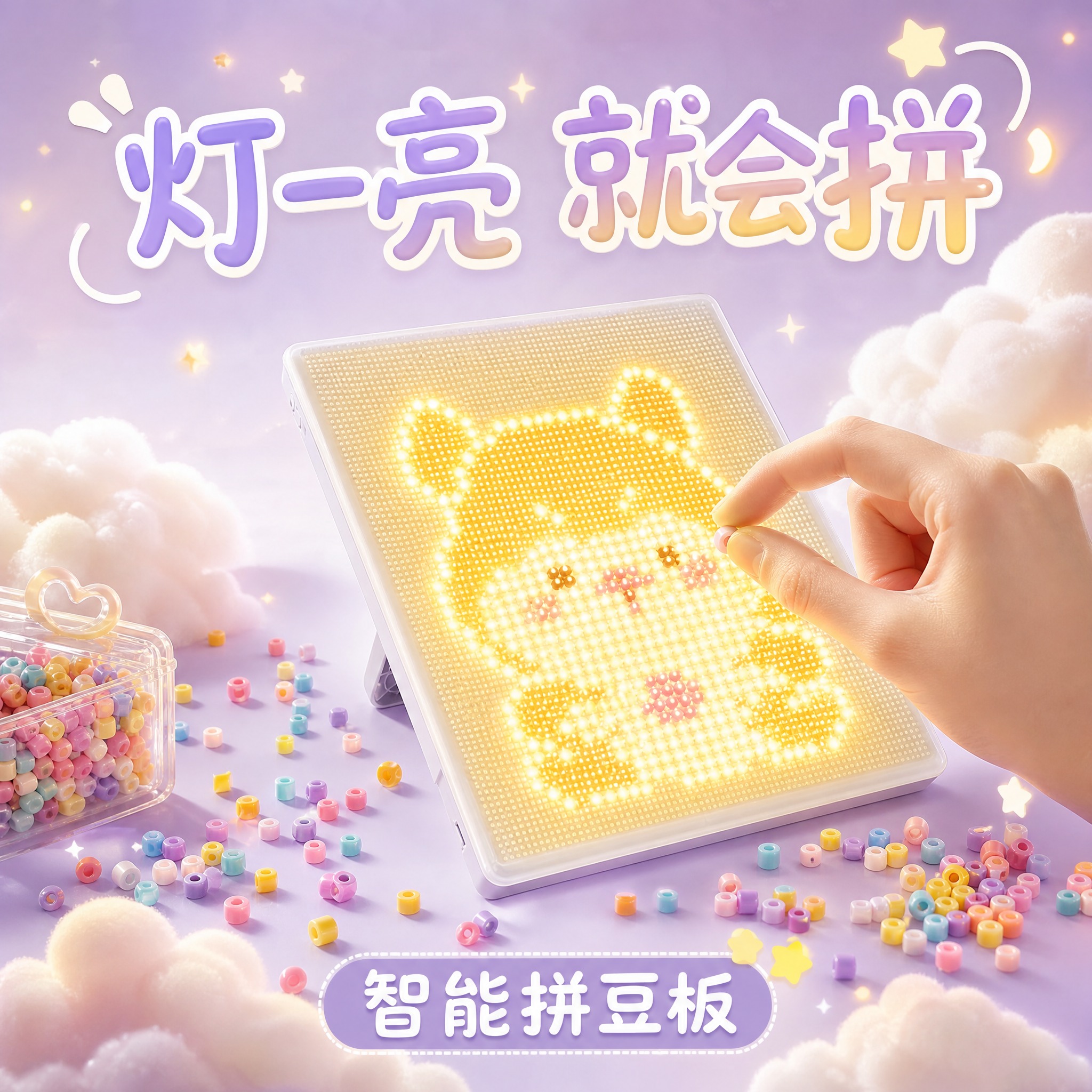 电商高点击主图海报，轻科技治愈风格，浅紫+奶油白+暖黄灯光配色… - 图片创意预览