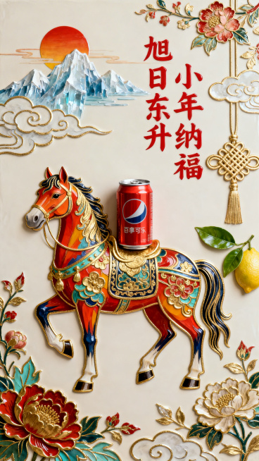 2026 丙午马年春节小年海报，左侧是色彩鲜艳的彩马（正红 + 翠绿 + 宝蓝 + 明黄 + 深紫配色，马背上是易拉罐，带祥云、缠枝花卉传统纹样，金色勾边），背景有冰山和太阳；右上方中间是红色书法字体预览效果