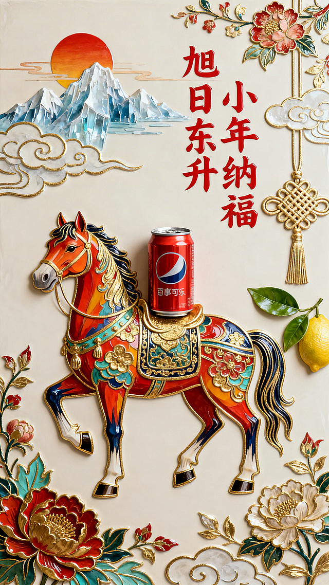 2026 丙午马年春节小年海报，左侧是色彩鲜艳的彩马（正红 + 翠绿 + 宝蓝 + 明黄 + 深紫配色，马背上是易拉罐，带祥云、缠枝花卉传统纹样，金色勾边），背景有冰山和太阳；右上方中间是红色书法字体 “小年纳福 旭日东升”；最右侧是浅金色中国结、柠檬、绿茶叶装饰，整体色调雅致喜庆，传统纹样与现代设计结合。
